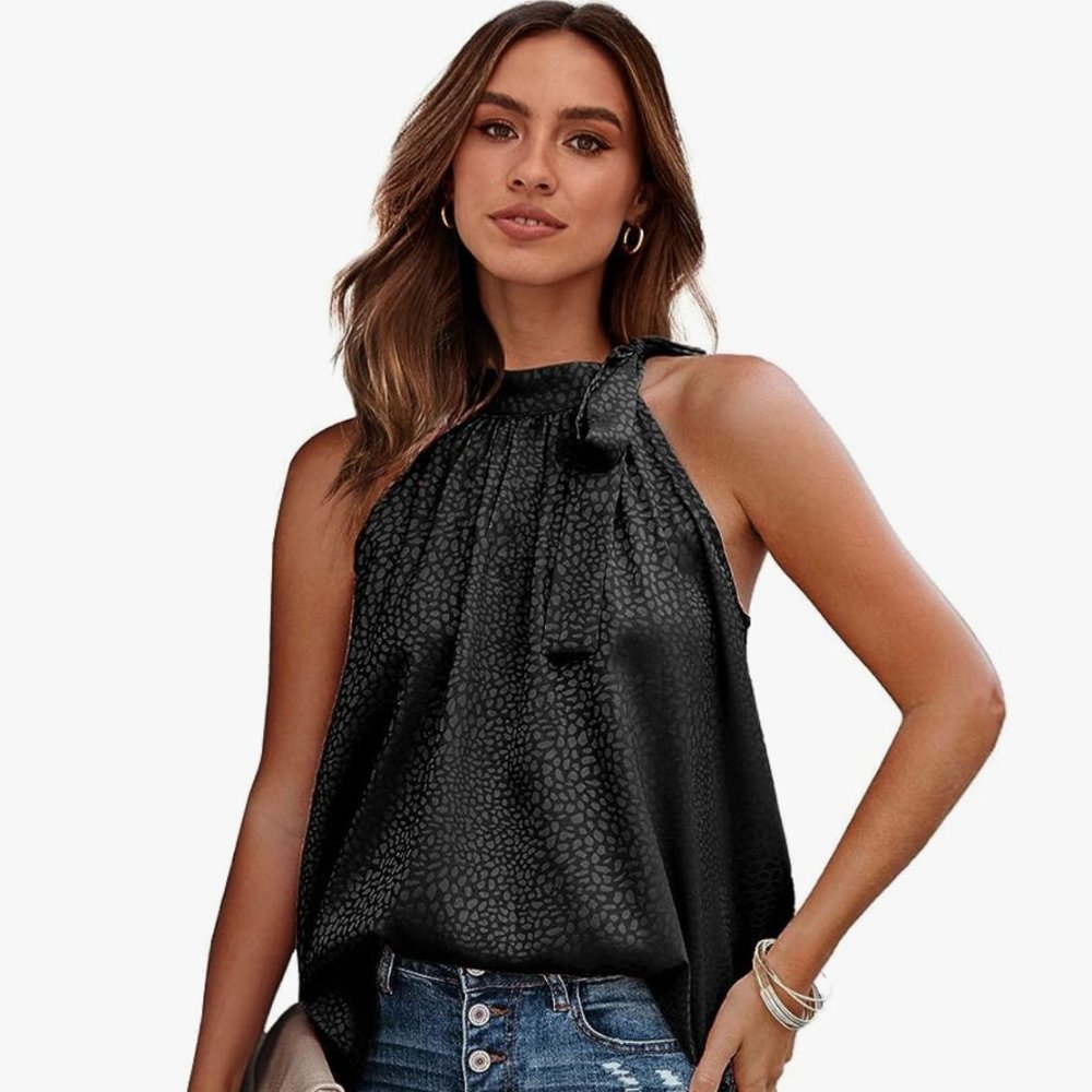 BTFBM Women Sleeveless Mock Tie Neck Top Side Bow Halter Tank Leopard Print NWT